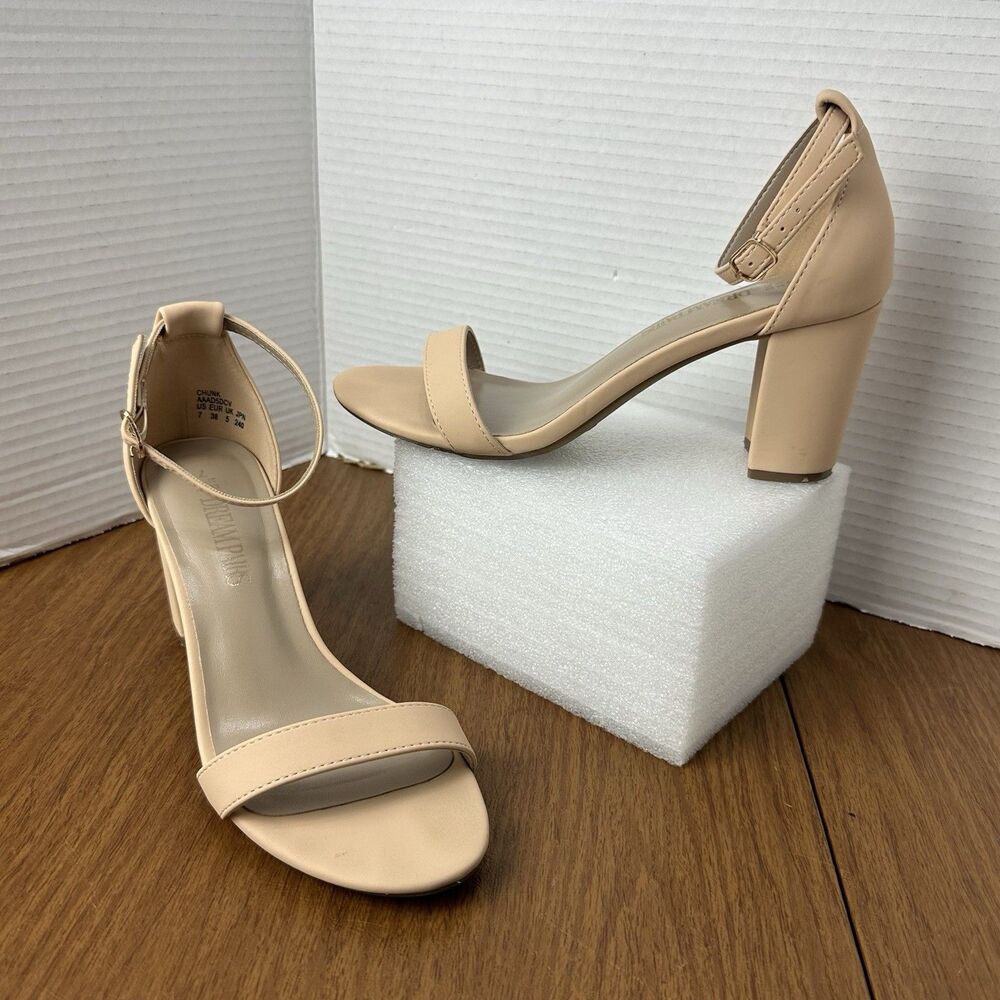 Dream Pairs Nude Chunky High Heel Sandal Woman Size 7 Ankle Strap Open Toe Shoes